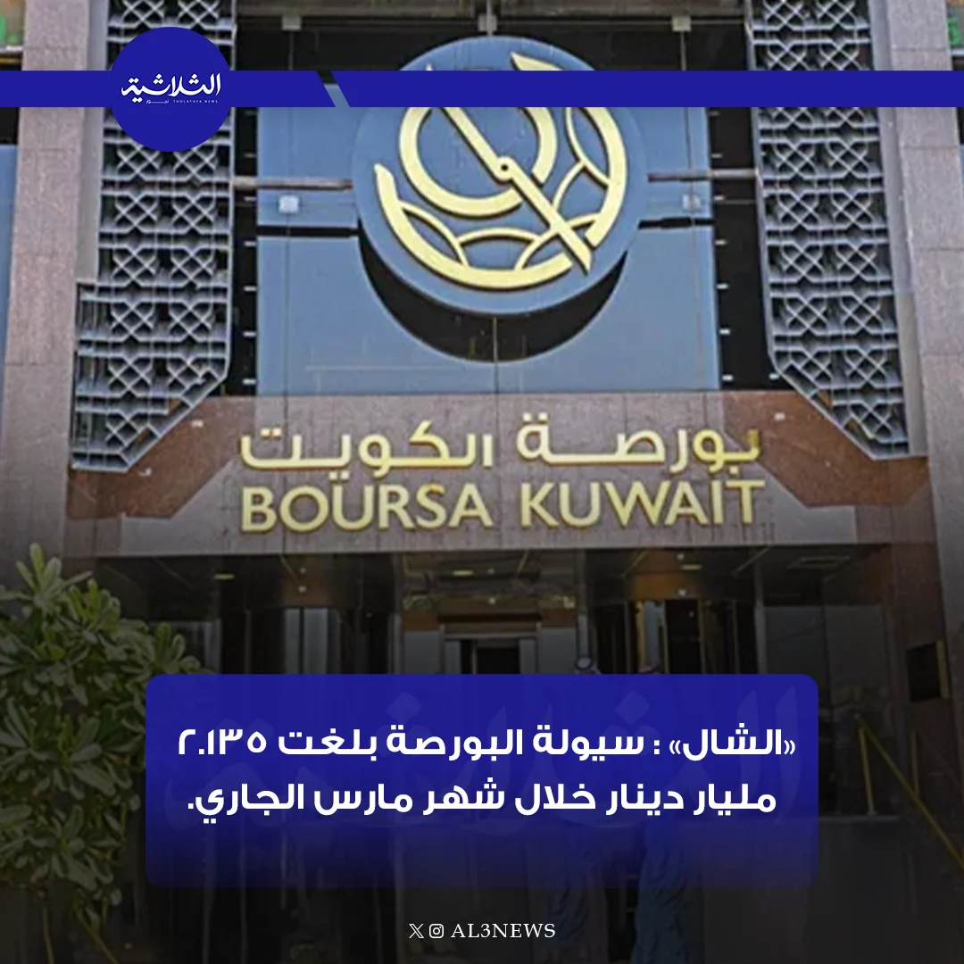 «الشال»: سيولة البورصة بلغت ٢١٣٥مليار دينار خلال شهر مارس الجاري.